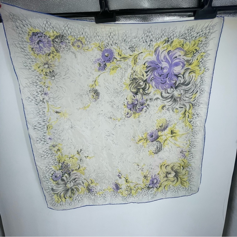 Vintage 70s Silk Hand Rolled Floral Scarf Square Art Deco Hippie Yellow Purple